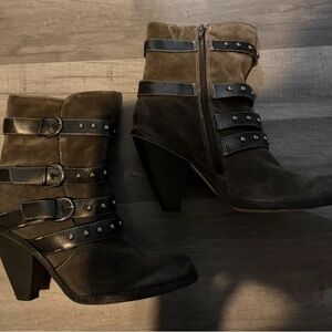 Market & Spruce Two-Tone Brown and Black Suede Studded Strap Ankle Boots